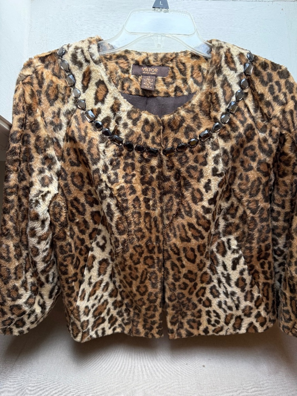 Victor Alfaro Animal Print Faux Fur Vintage Style Jacket Size 10 Cropped Sleeves